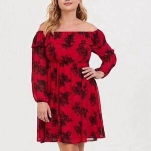 Torrid Red Black Floral Chiffon Off-Shoulder Skater Dress Size Size‎ 1X